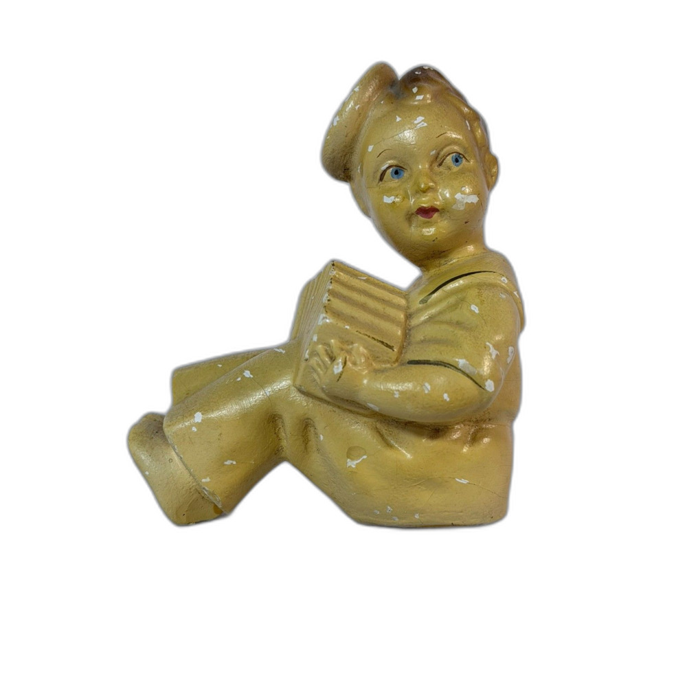 Vtg Chalkware Sitting Sailor Boy With Accordion Carnival Prize 1940s Blue Eyes